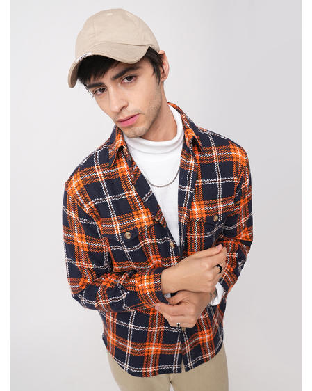 Orange & Navy Tweed Checks Double Flap Pocket Flannel Shirt