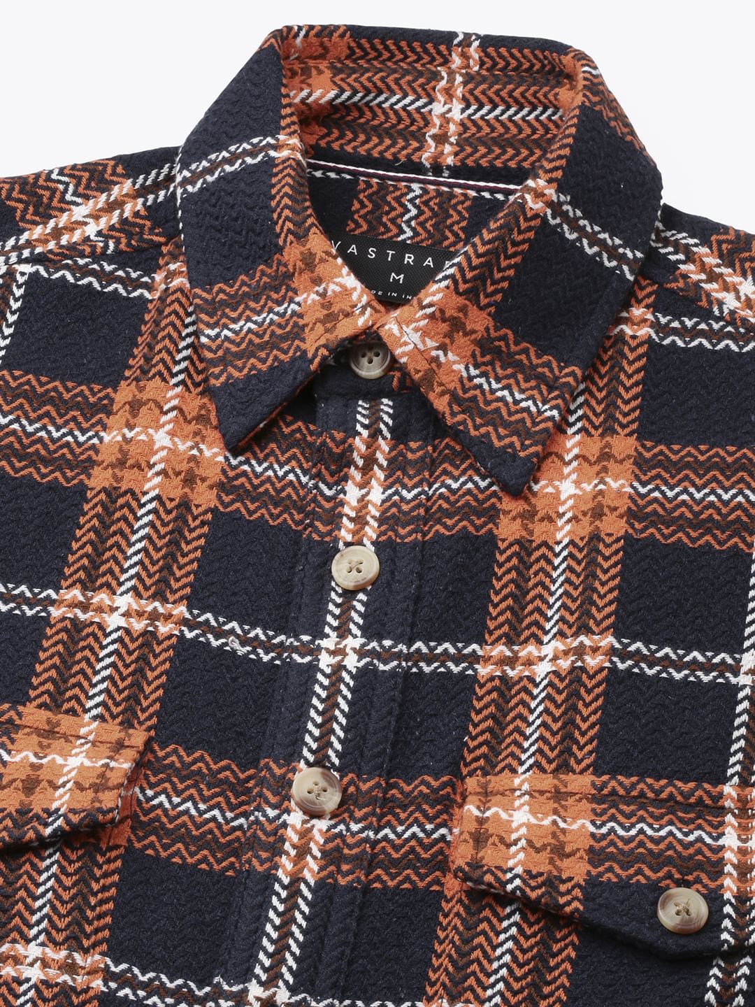 Orange & Navy Tweed Checks Double Flap Pocket Flannel Shirt