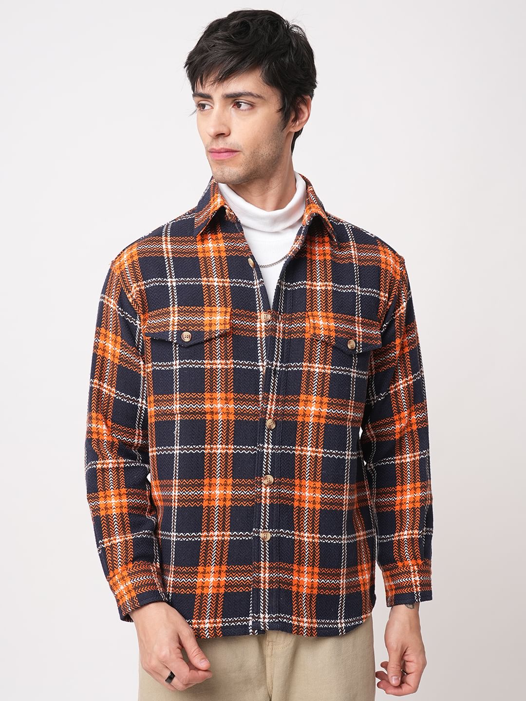 Orange & Navy Tweed Checks Double Flap Pocket Flannel Shirt