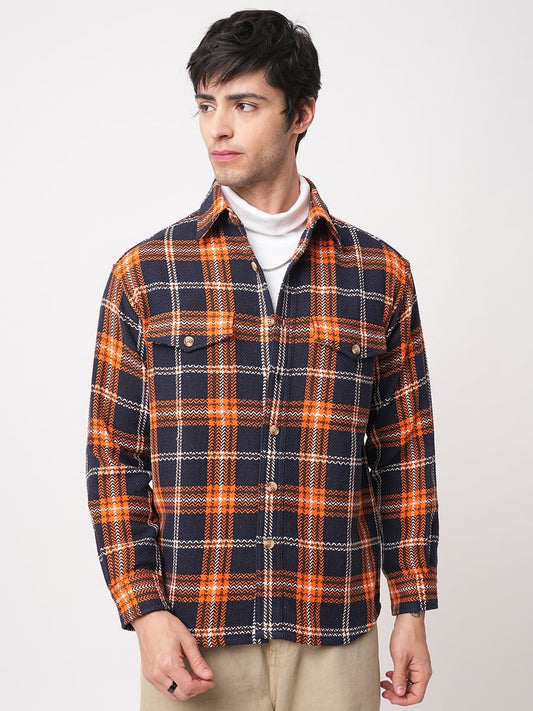 Orange & Navy Tweed Checks Double Flap Pocket Flannel Shirt