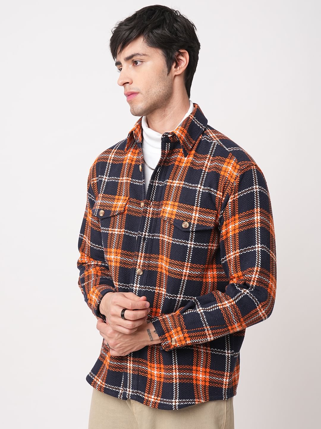 Orange & Navy Tweed Checks Double Flap Pocket Flannel Shirt