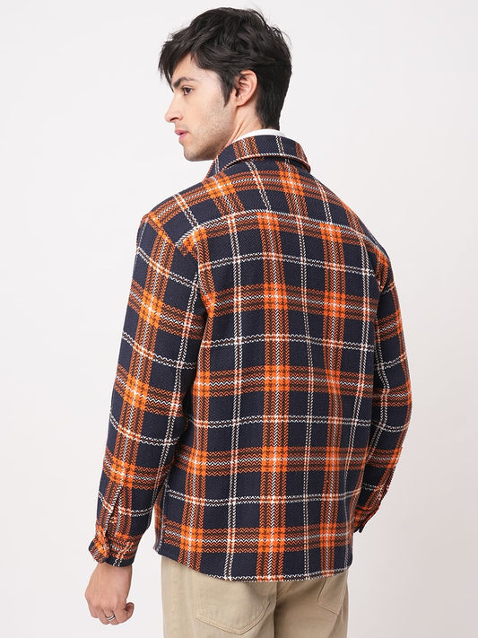Orange & Navy Tweed Checks Double Flap Pocket Flannel Shirt