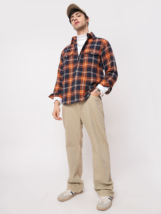Orange & Navy Tweed Checks Double Flap Pocket Flannel Shirt