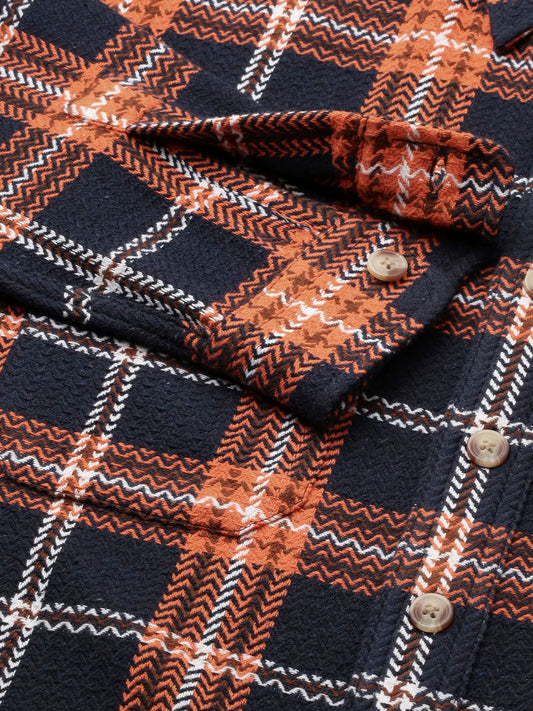 Orange & Navy Tweed Checks Double Flap Pocket Flannel Shirt