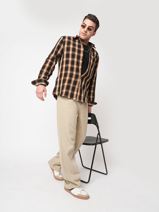 Vintage Russet Brown Plaid Checks Twill Shirt