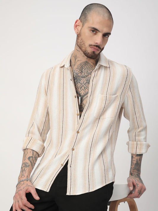 Beige Interweave Broad Striped Shirt