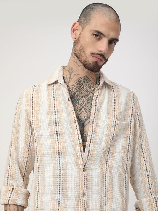 Beige Interweave Broad Striped Shirt