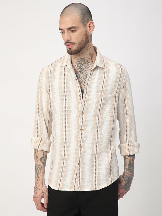 Beige Interweave Broad Striped Shirt