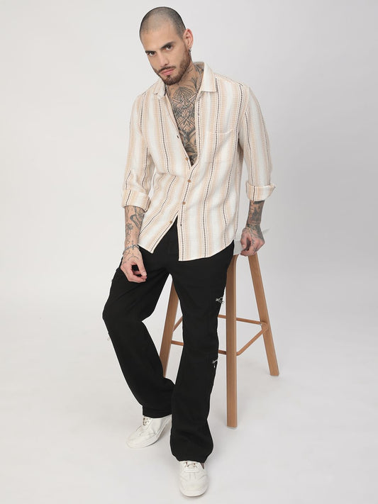 Beige Interweave Broad Striped Shirt