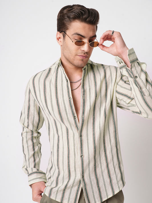 Ivory & Olive Vertical Striped Burlap Shirt