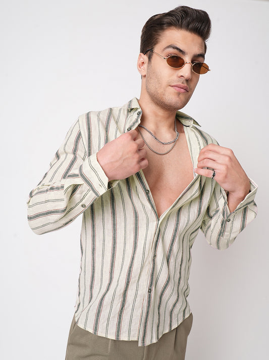 Ivory & Olive Vertical Striped Burlap Shirt
