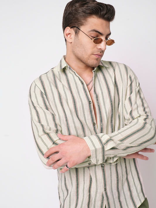 Ivory & Olive Vertical Striped Burlap Shirt