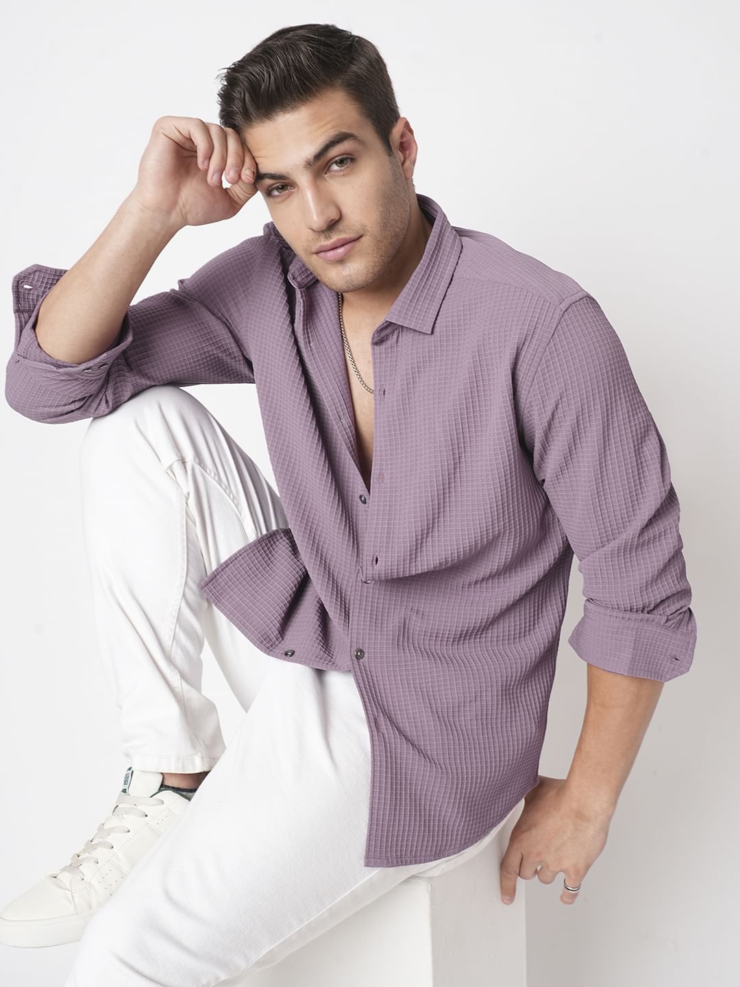 Sunset Purple Mini Checks Textured Shirt