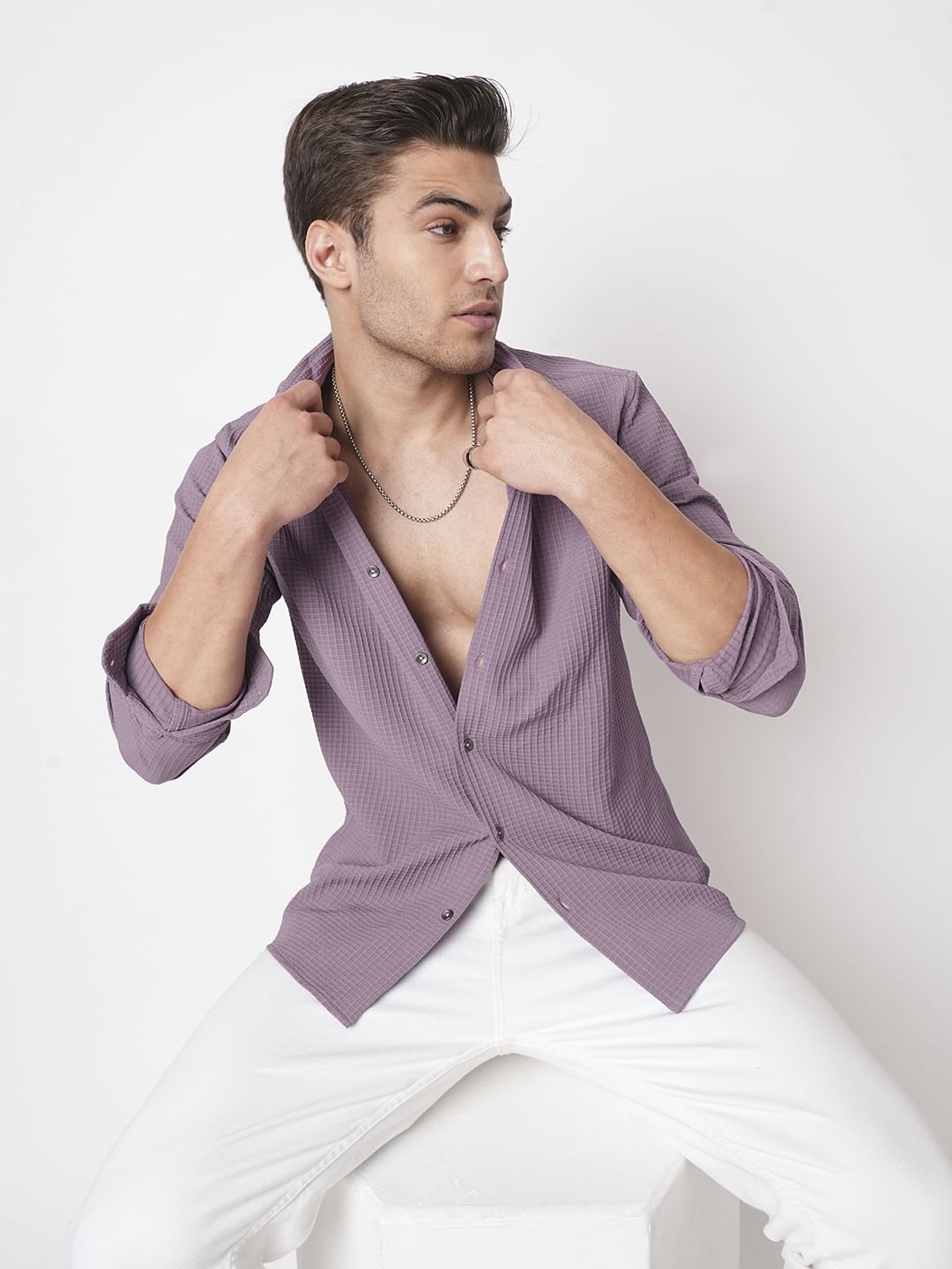 Sunset Purple Mini Checks Textured Shirt