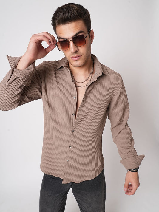 Saddle Brown Mini Checks Textured Shirt