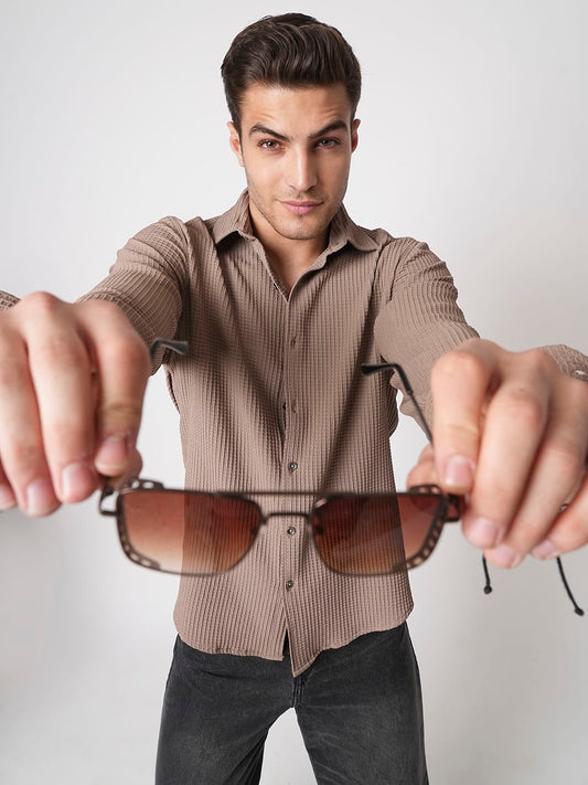 Saddle Brown Mini Checks Textured Shirt