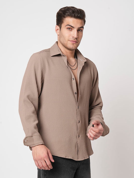 Saddle Brown Mini Checks Textured Shirt