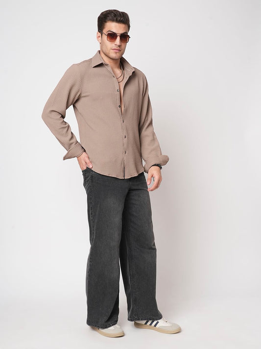 Saddle Brown Mini Checks Textured Shirt