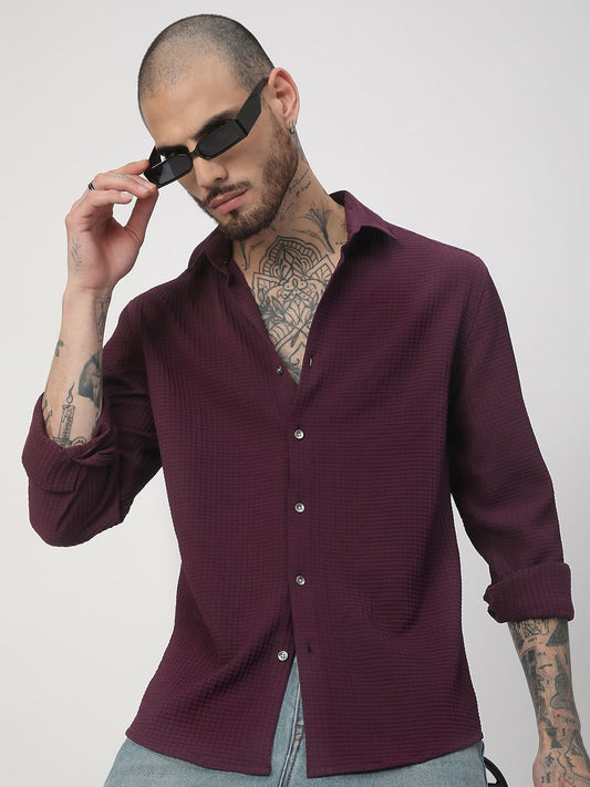 Wine Mini Checks Textured Shirt
