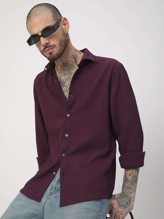 Wine Mini Checks Textured Shirt