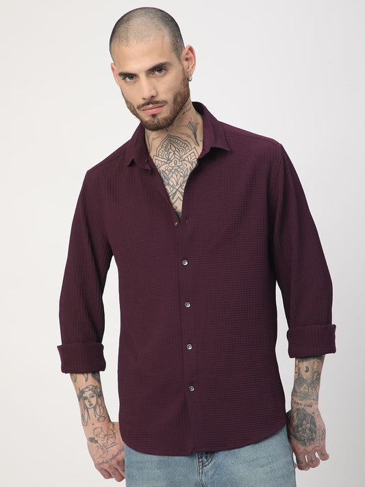 Wine Mini Checks Textured Shirt