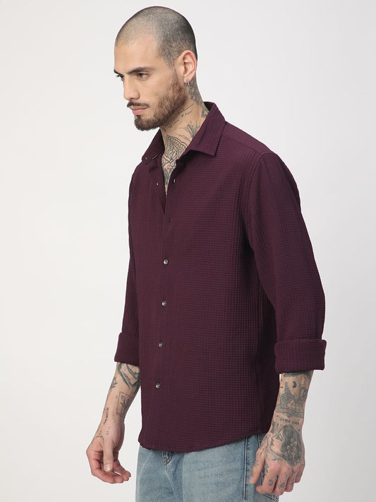 Wine Mini Checks Textured Shirt