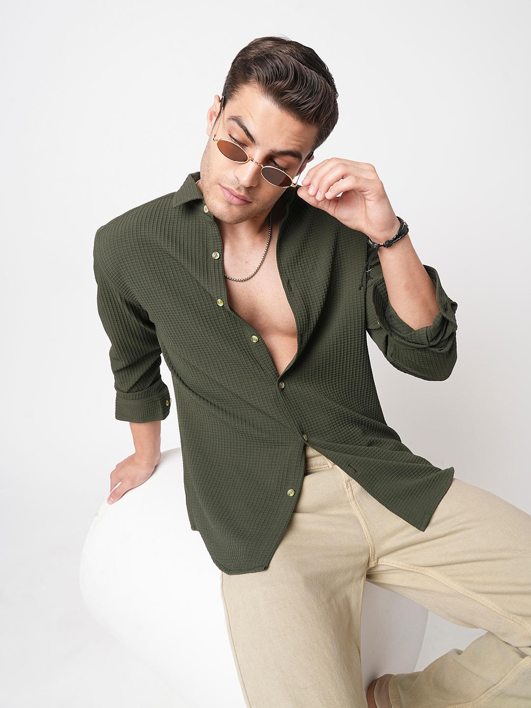 Olive Mini Checks Textured Shirt