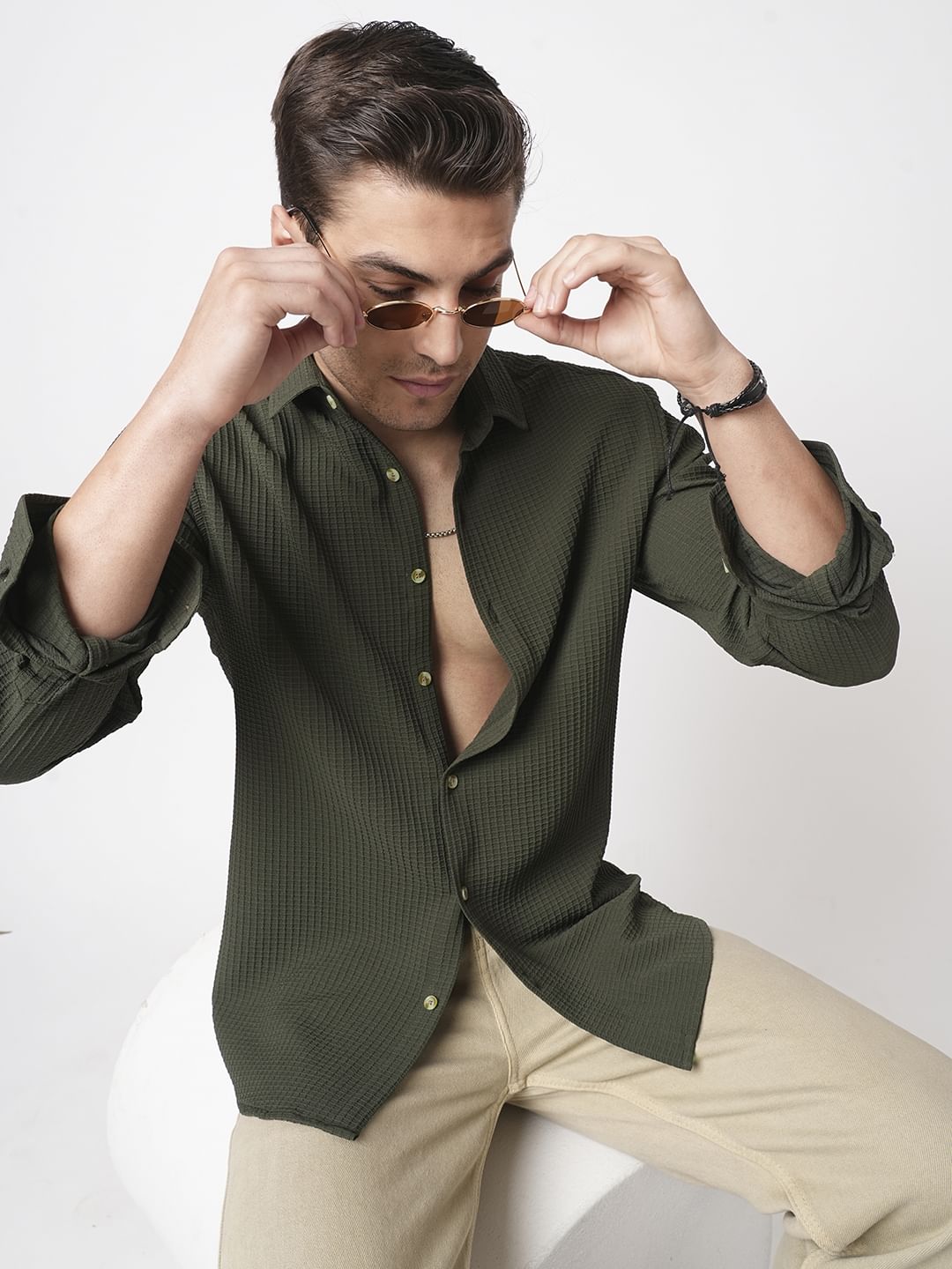 Olive Mini Checks Textured Shirt