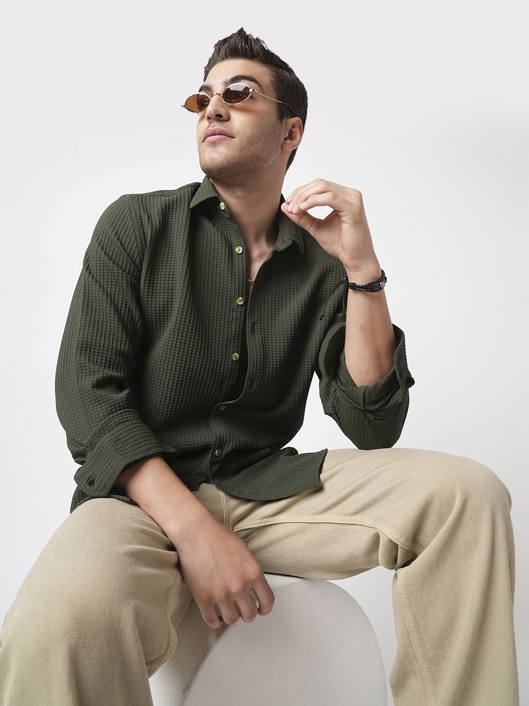 Olive Mini Checks Textured Shirt