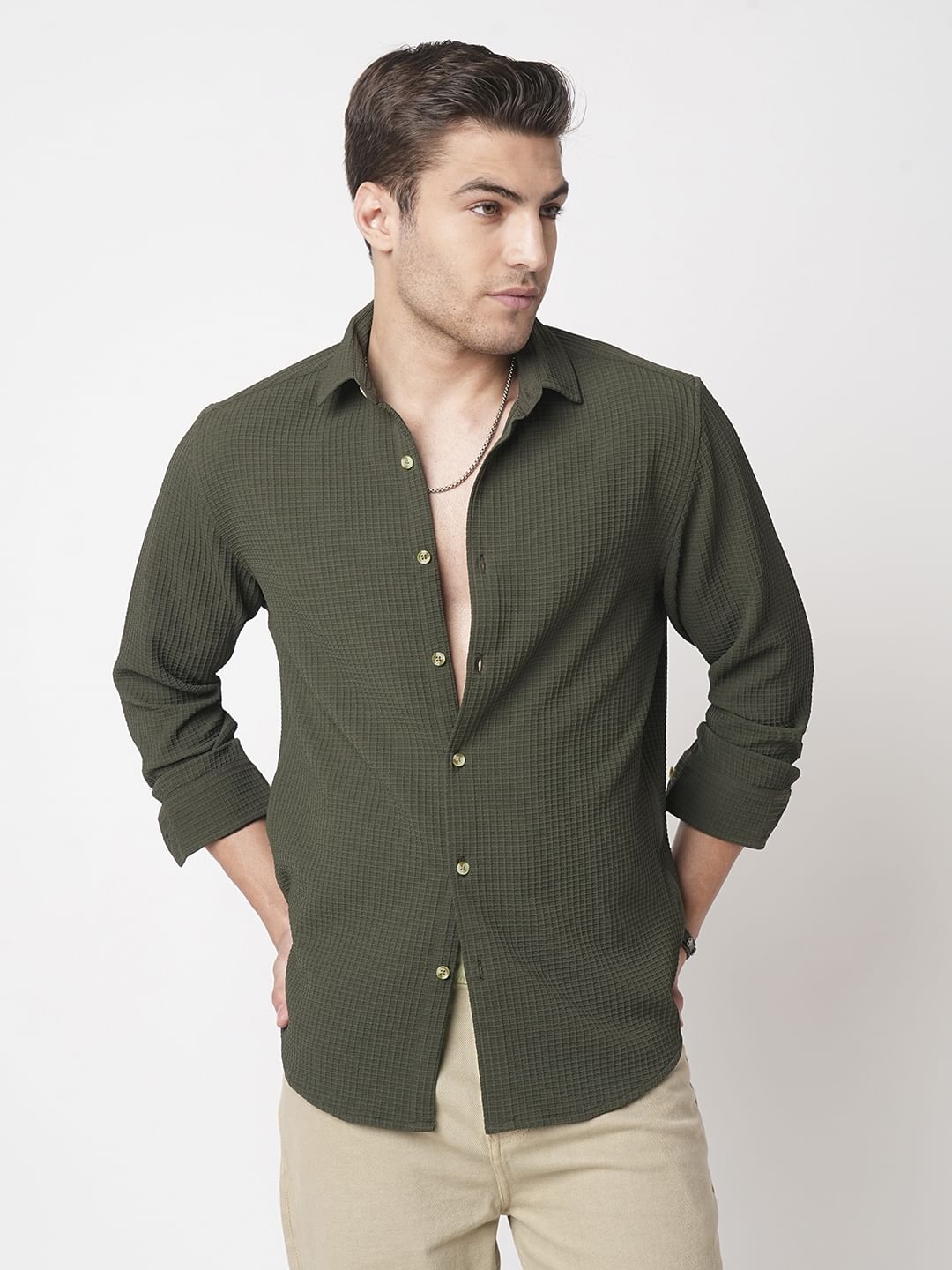 Olive Mini Checks Textured Shirt