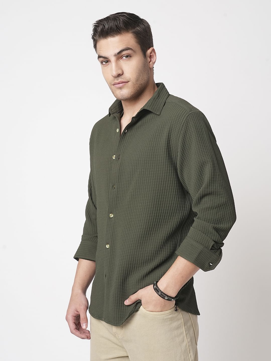 Olive Mini Checks Textured Shirt