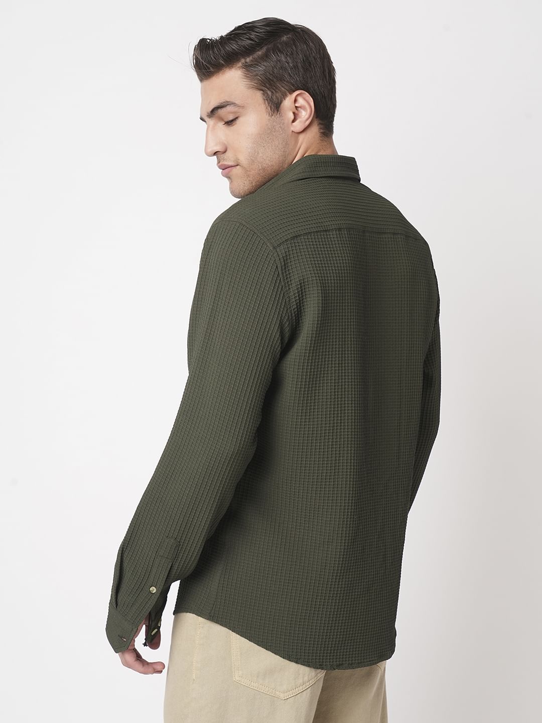 Olive Mini Checks Textured Shirt