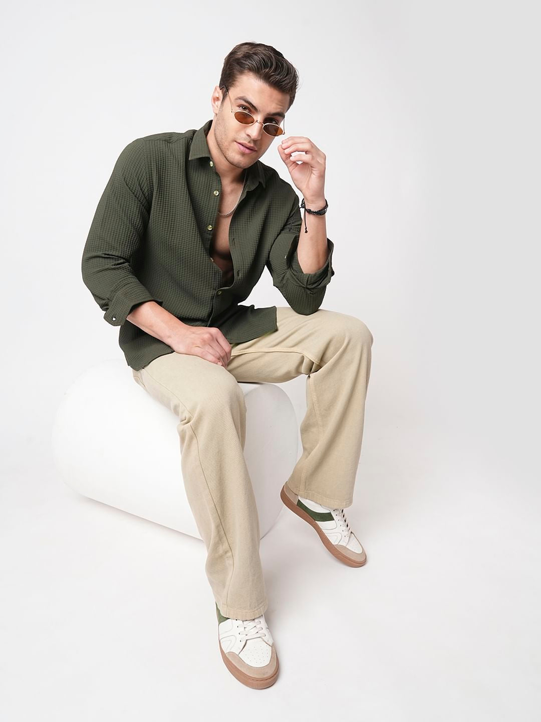 Olive Mini Checks Textured Shirt