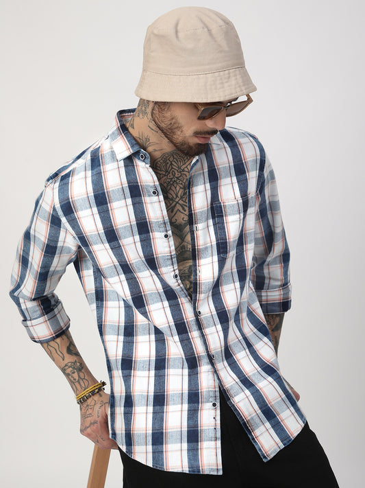 Twilight Navy & White Plaid Checks Corduroy Shirt