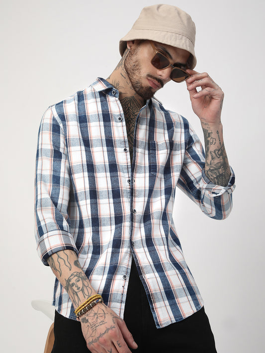Twilight Navy & White Plaid Checks Corduroy Shirt