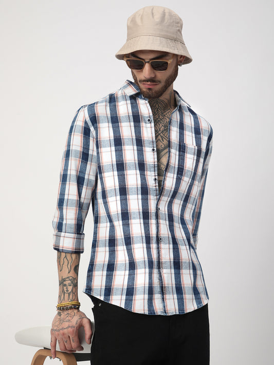 Twilight Navy & White Plaid Checks Corduroy Shirt