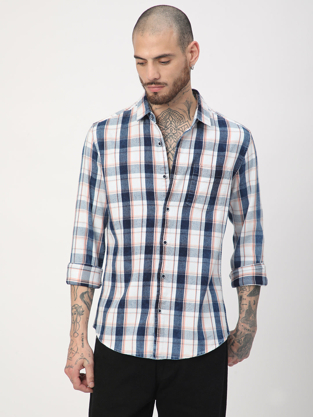 Twilight Navy & White Plaid Checks Corduroy Shirt
