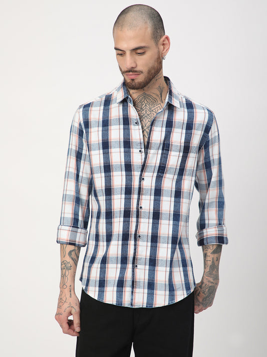 Twilight Navy & White Plaid Checks Corduroy Shirt