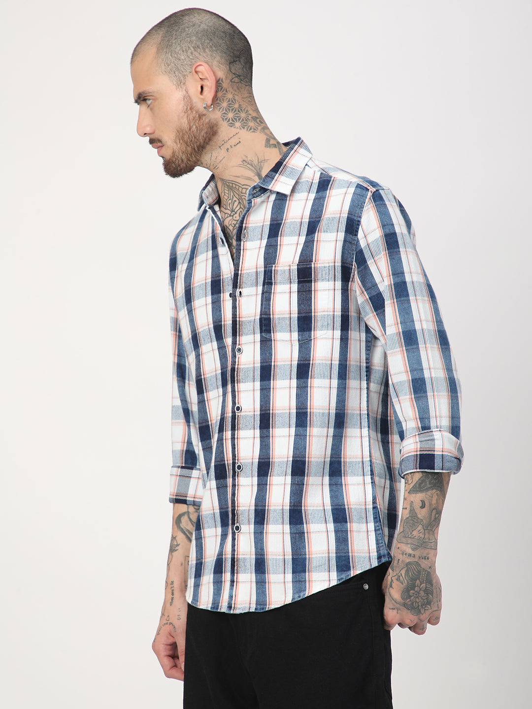 Twilight Navy & White Plaid Checks Corduroy Shirt