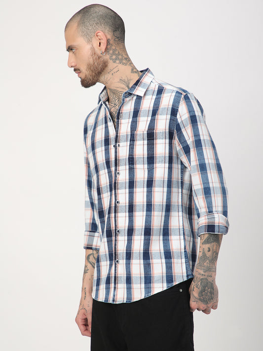 Twilight Navy & White Plaid Checks Corduroy Shirt