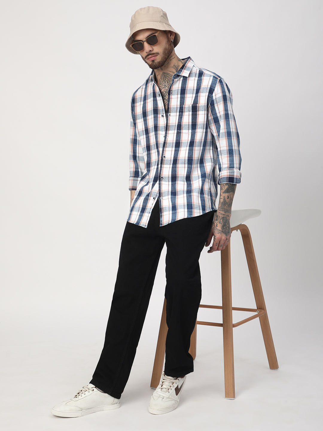 Twilight Navy & White Plaid Checks Corduroy Shirt