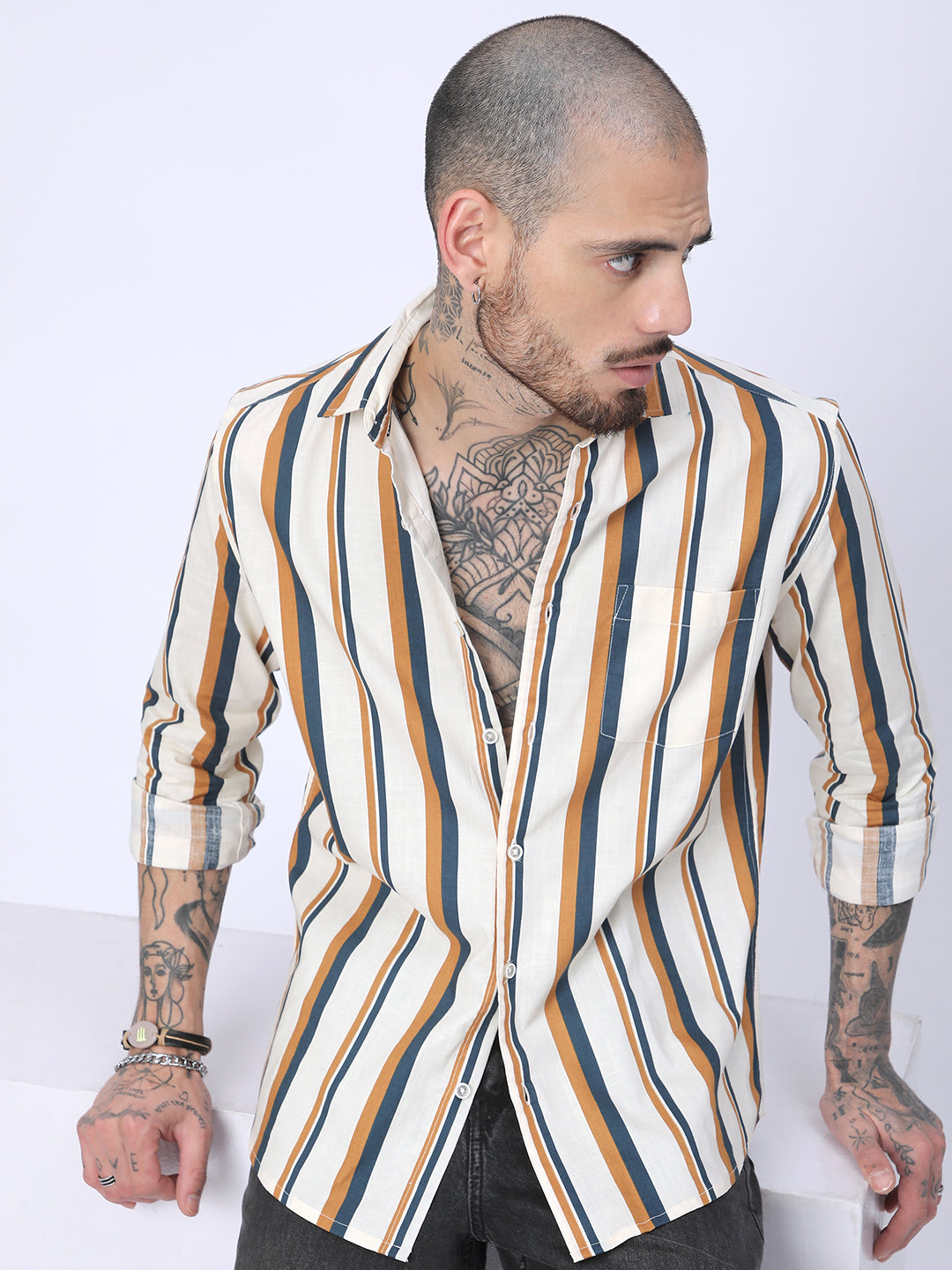 Cream & Teal Awning Stripes Shirt