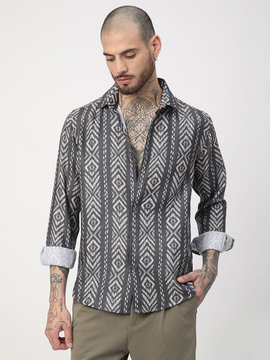 Dark Slate Grey Ikat Printed Shirt