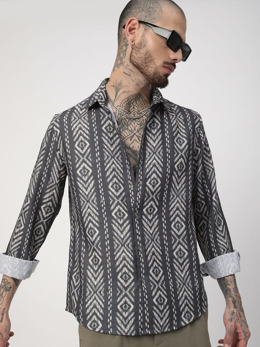 Dark Slate Grey Ikat Printed Shirt