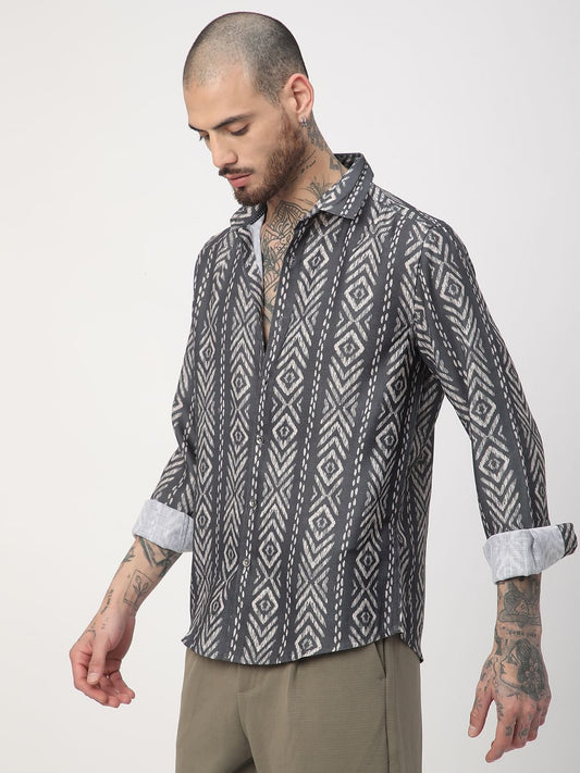 Dark Slate Grey Ikat Printed Shirt