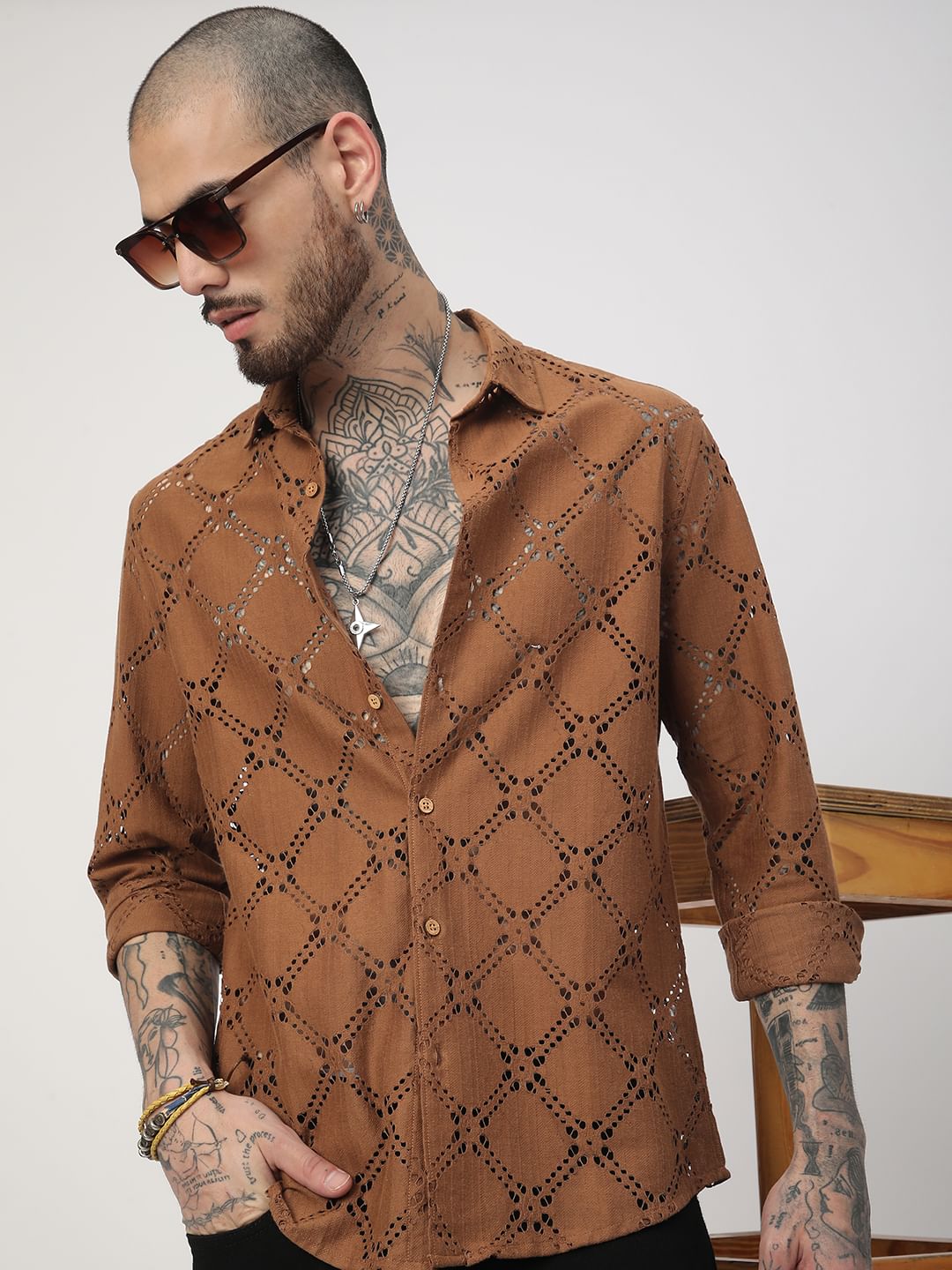 Russet Brown Crochet Shirt