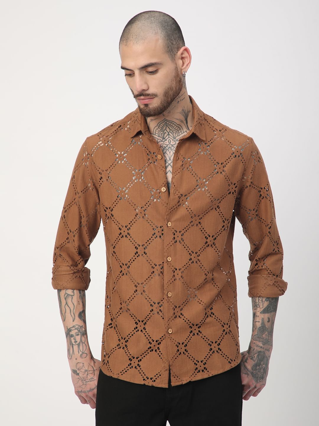 Russet Brown Crochet Shirt