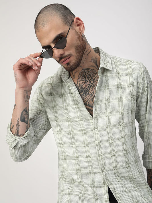 Tea Green Mini Plaid Checks Seersucker Shirt