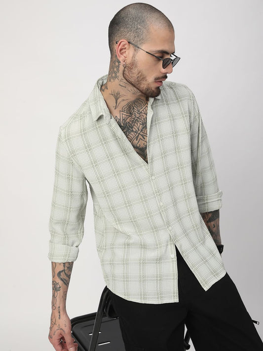 Tea Green Mini Plaid Checks Seersucker Shirt
