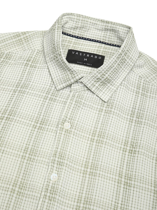 Tea Green Mini Plaid Checks Seersucker Shirt